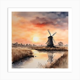 mill on the fens at sunset Art Print