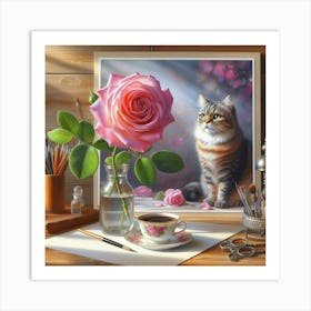 Cat And Rose Art Print