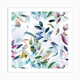 Watercolour Leaves Colourful Square Art Print