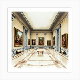 French Art Museum In Watercolor With Famous Paintings And Marble Floors 1 Art Print