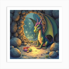 Dragon’S Lair With Shimmering Treasures, Watercolor 1 Art Print