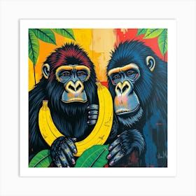 Two Gorillas Holding Bananas Art Print