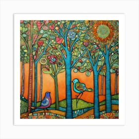 Art Drawing Trees And Birds Scene Folk Art Style I (2) 1 Art Print