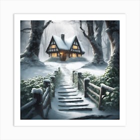 Timber Framed Woodland Cottage in the Snow Art Print