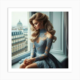 Blond Beauty Sitting On Window Sill Art Print