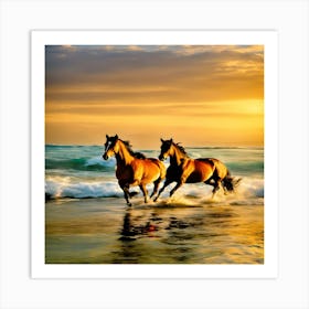Horses On The Beach At Sunset Art Print