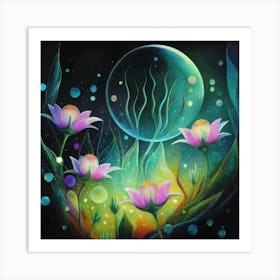 Abstract oil painting: Water flowers in a night garden 13 Art Print