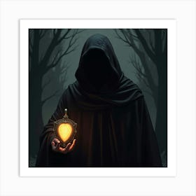 Shadowy Figure Holding A Glowing, Cursed Amulet In Hand Art Print