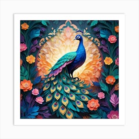 Peacock With Flowers Art Print