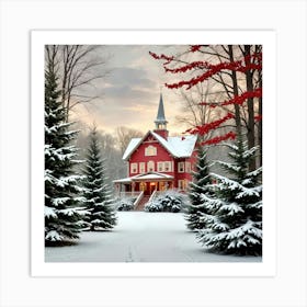 Red House In The Snow Art Print