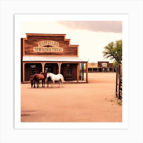 Horses In Front Of A Western Town Art Print