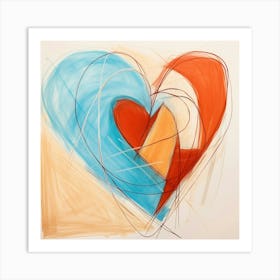Heart Doodle Sketch Blue & Orange 6 Art Print