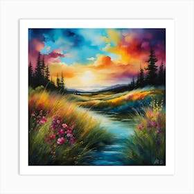 Alcohol Ink Splatter Art Intertwining With Wild Grass In Motion Flowers In Full Bloom Vibrant Col Art Print