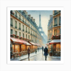 Paris cafes, winter season, Christmas, pale colors, pedestrians in the street, winter clothes, falling snow.16 Art Print