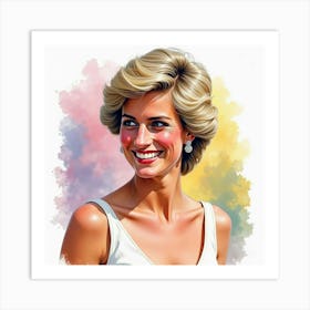 Smiling Princess Diana, Watercolor Strokes And Colorful Backdrop 1 Art Print