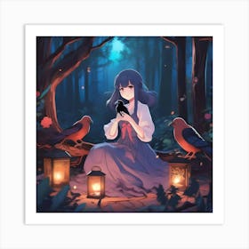 Kawaii Girl with Crows Art Print