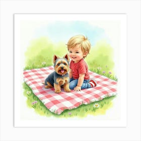 Watercolor Of A Child And A Yorkshire Terrier On A Colorful Picnic Blanket Art Print