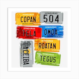 Honduras, Turistic Car Plates, Copan, Tela, Omoa Art Print