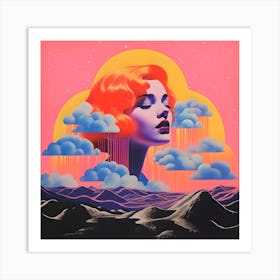 Risograph Style Surreal Scene, Redhead Woman & Clouds Art Print