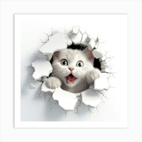 White Cat Peeking Out Of A Hole 2 Art Print