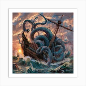 Kraken Sinking Ship Abstract Art Art Print