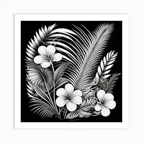 Hawaiian Flowers. A black and white image of a plant with flowers and leaves. Art Print