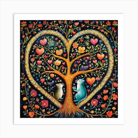 Folk Art Heart Tree Cat Climbing Artwork 11 Art Print