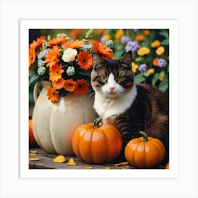 Autumn Cat With Pumpkins And Flowers Art Print