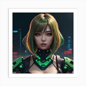 Painting Of A Beautiful Asian Cyberpunk Woman With Mod 2 Art Print