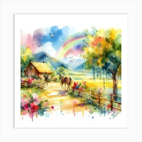 Watercolor Of A Farm With Horses Art Print