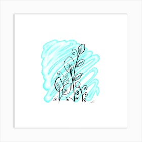 Botanical Watercolor Art - Sky Blue & Black Art Print