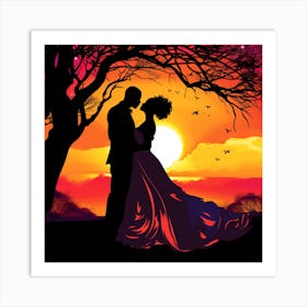 Silhouette Of Bride And Groom At Sunset Art Print