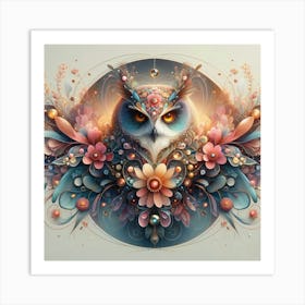 Owl With Leaves Art Print