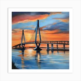 Sunset over the Arthur Ravenel Jr. Bridge in Charleston. Blue water and sunset reflections on the water. Oil colors.5 Art Print