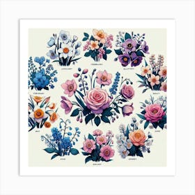 Birth flowers family bouquet 19 Art Print