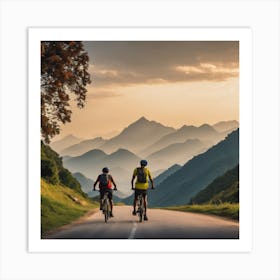 Two Cyclists Friends On Mountain Road. Art Print