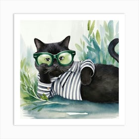 Black Cat With Glasses Art Print