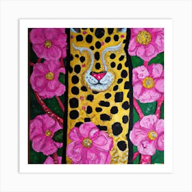 Leopard With Pink Flowers Art Print