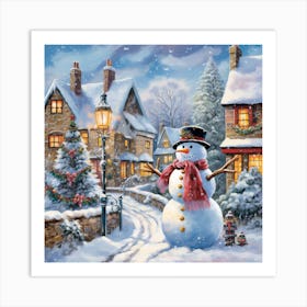 Snowman In The Village Art Print