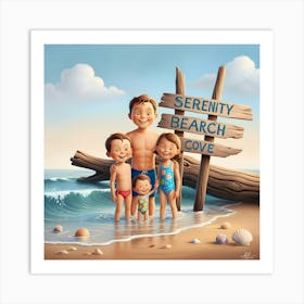 A Serene And Majestic Family Beach Scene Illustration, Evoking The Iconic Style Of Ansel Adams, (4) Art Print