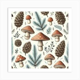 Scandinavian style, pattern with pine cones and mushrooms Art Print