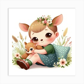 Cute Little Girl With Deer Art Print