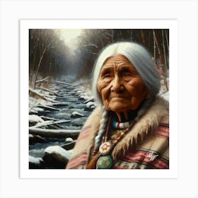 Elderly Native American Woman By Stream 3 Copy Art Print