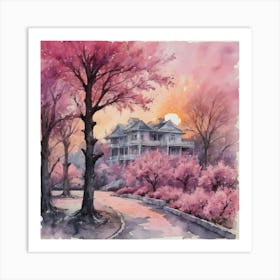 Big House In Pink Nature Water Colour Art Print