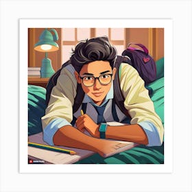 Boy Studying In Bed Art Print