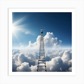 A Person Climbing A Ladder That Extends Into The Clouds Each Rung Representing A Different Challenge Art Print