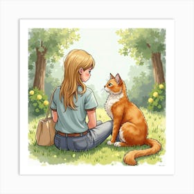 Gentle Norwegian Forest Cat Sitting With A Person In A Garden, Watercolor 1 Art Print