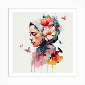 Watercolor Floral Muslim Woman #3 Art Print