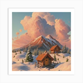 Mountain village snow wooden huts 7 Art Print