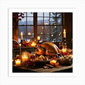 An Inviting Feast Unfolds In A Homey Abundant Setting Right At The Center A Roasted Turkey Radiati Art Print